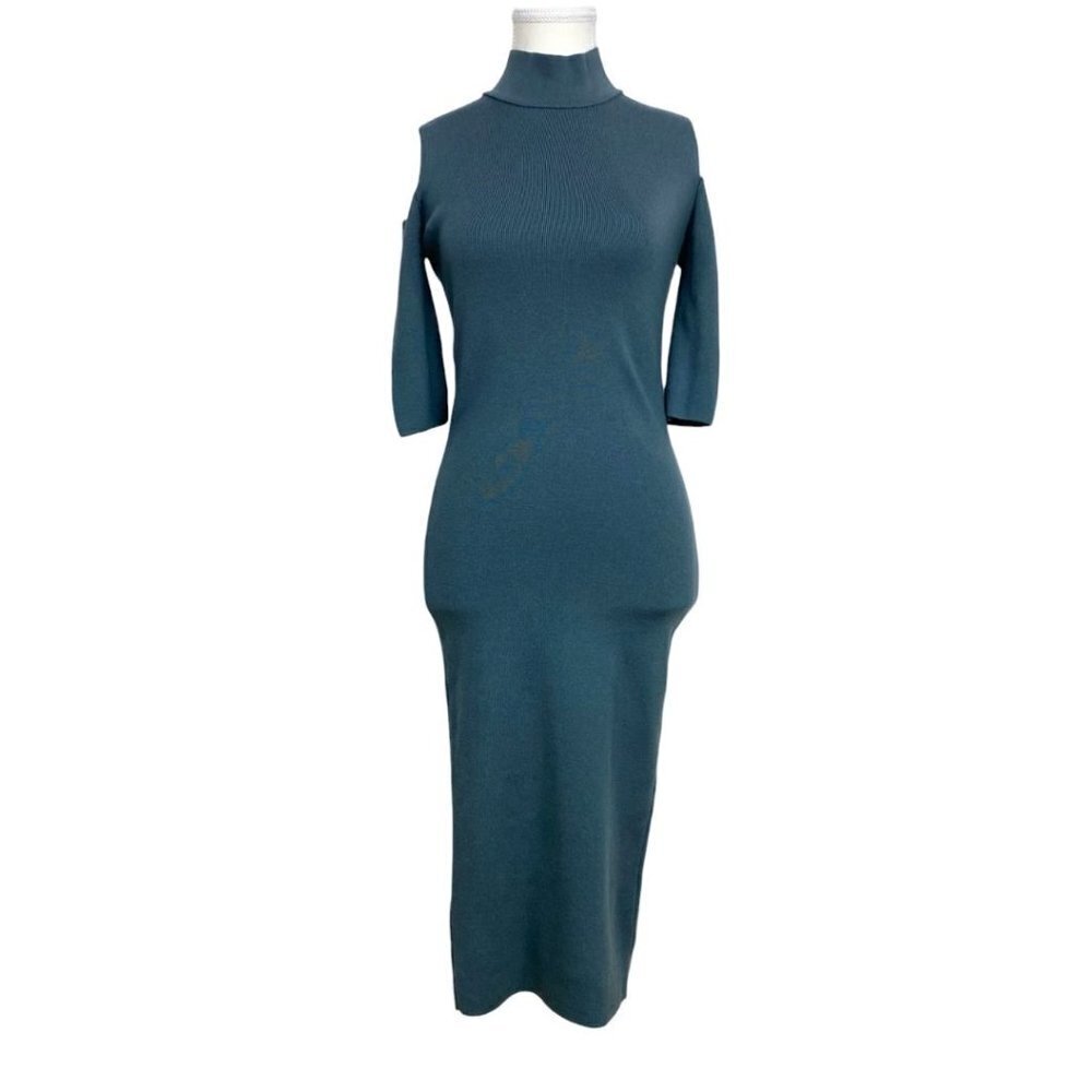 BSL MUTED BLUE COLD SHOULDER MOCK NECK KNITTED BODYCON MIDI DRESS - XS